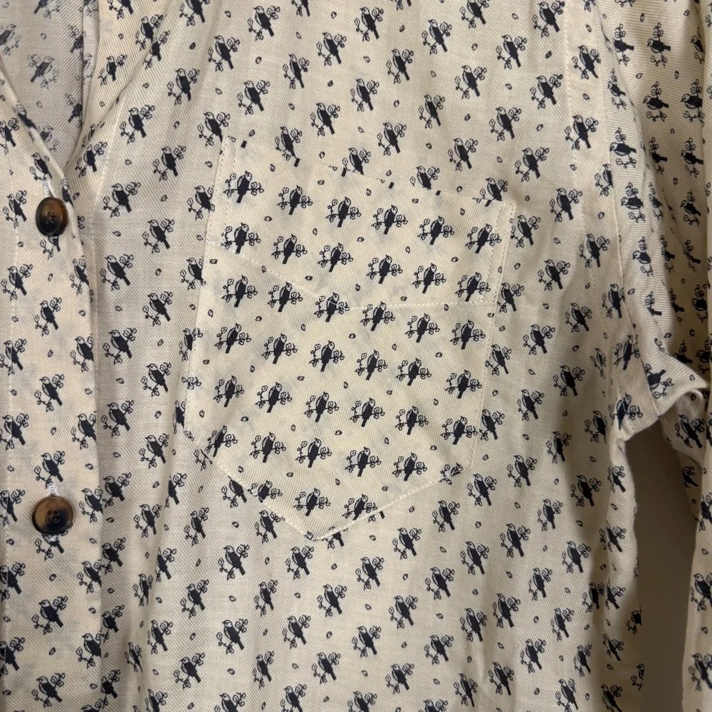 Billy Reid Italian Made Cotton Button Down Shirt XS | Cream Bird Print | NWOT - Picture 4 of 7